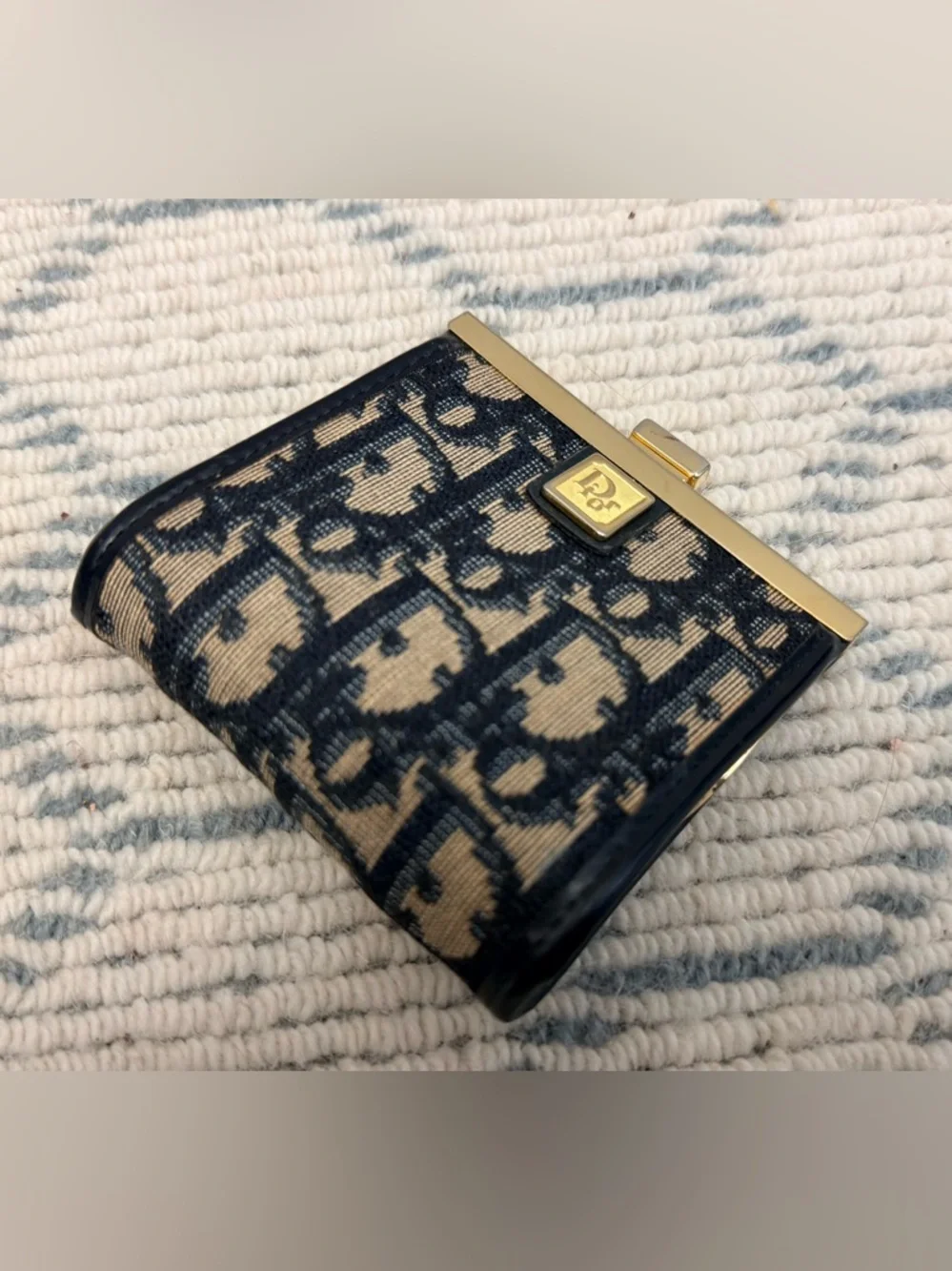 DIOR Vintage Rare Blue Trotter Monogram Canvas Kiss Lock Coin Purse W/ Gold